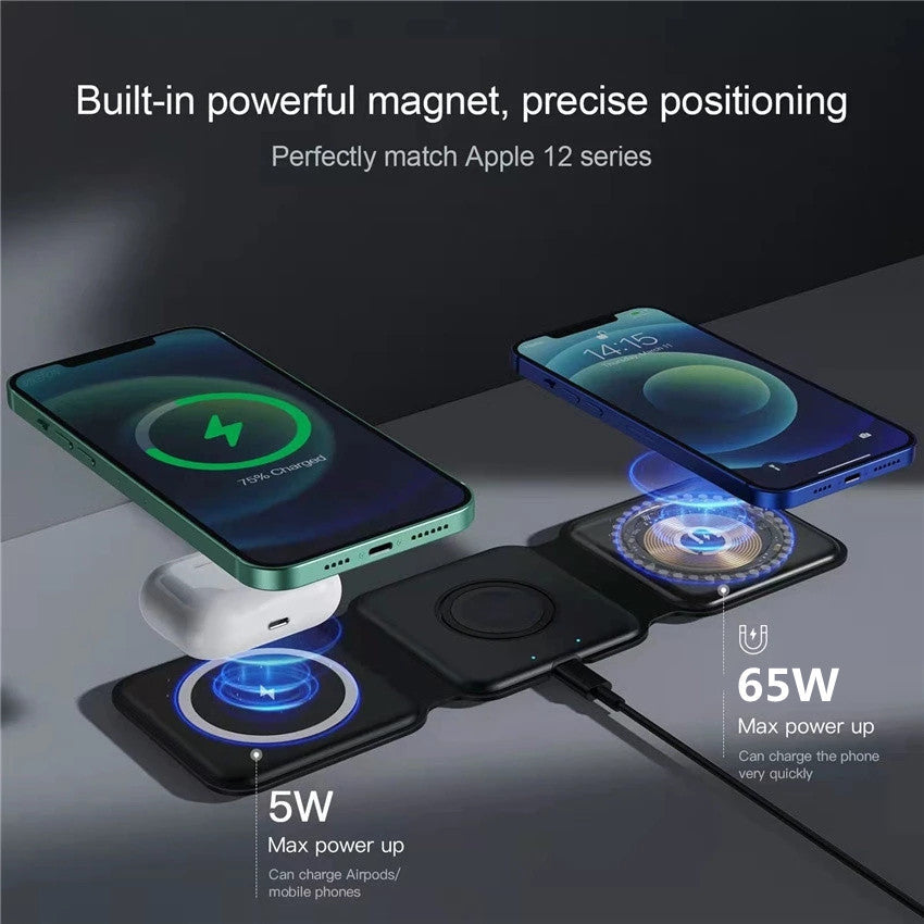 65W 3 in 1 Magnetic Wireless Charger Pad Foldable for Iphone 14 13 12 11 XS X Apple Watch Airpods Fast Charging Dock Station