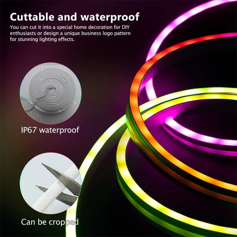 TUYA Neon LED Strip Lights 12-24V 84Leds/M Silicone Neon Rope Light with Music Sync RGBIC Dreamcolor Chasing Strip Tape for Room