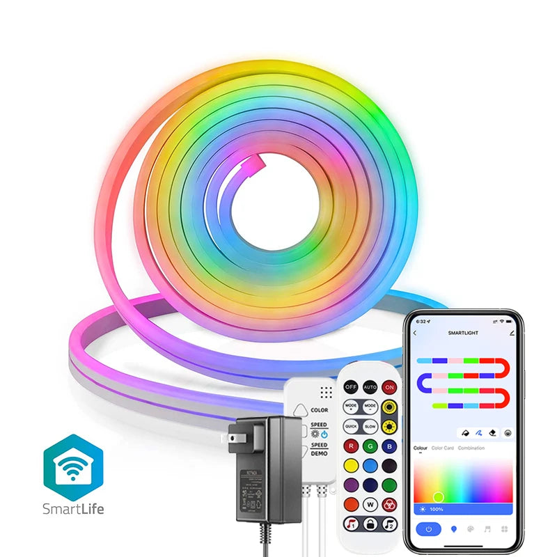 TUYA Neon LED Strip Lights 12-24V 84Leds/M Silicone Neon Rope Light with Music Sync RGBIC Dreamcolor Chasing Strip Tape for Room